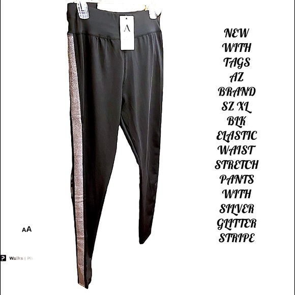 NWT SZ L/XL YOGA PANTS/LEGGINGS BLACK WITH SILVER GLITTERY RACING STRIPE ON SIDE - Picture 5 of 9